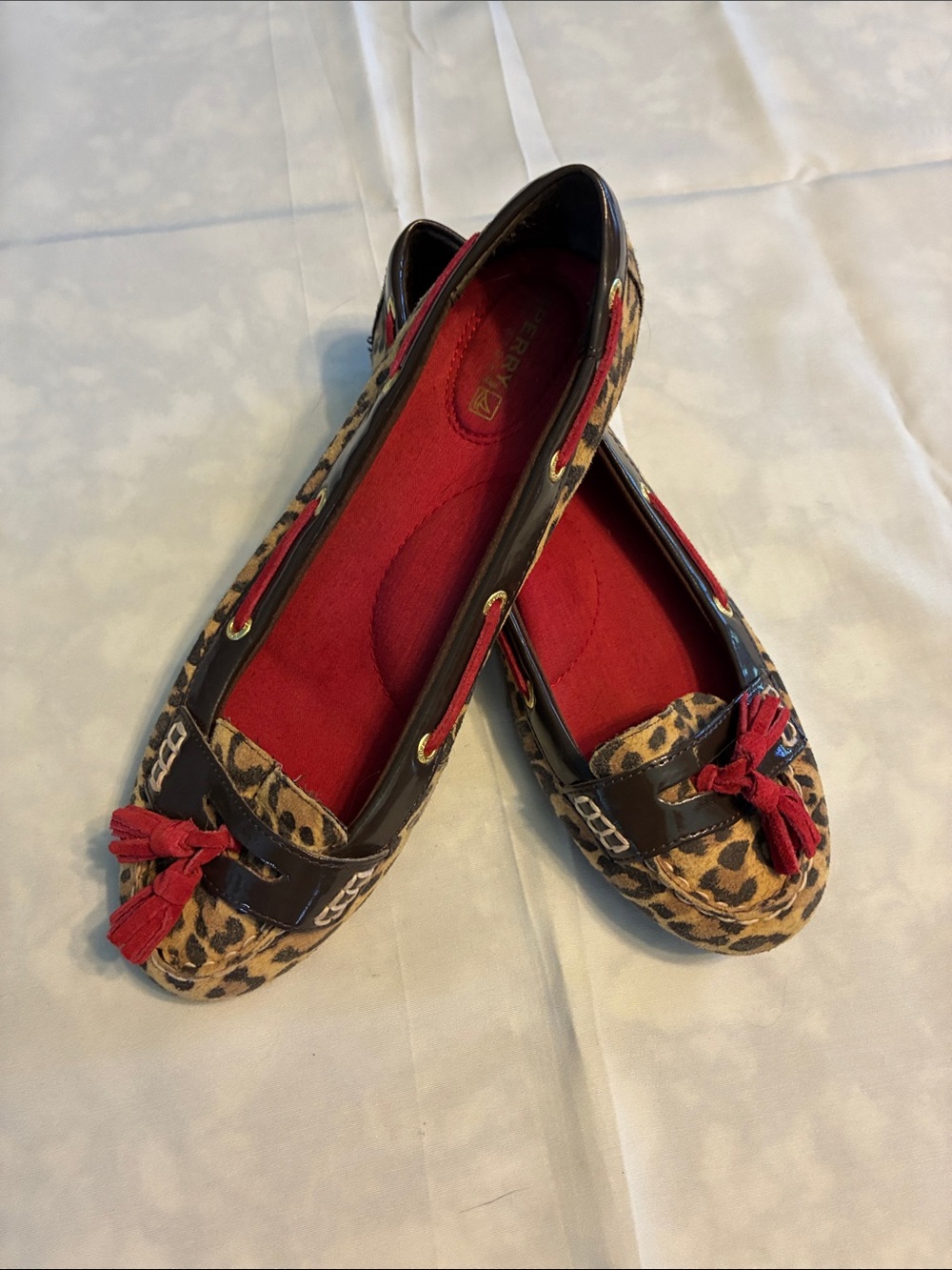 Sperry Leopard Print Loafers with Red Accents
